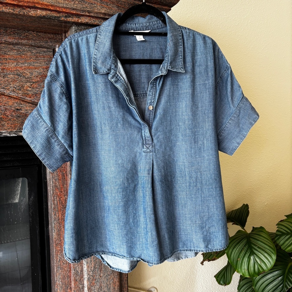 Caslon Denim Button-Neck Short Sleeve Top - Blue